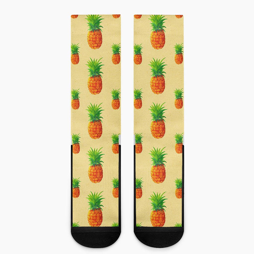 Beige Watercolor Pineapple Pattern Print Crew Socks