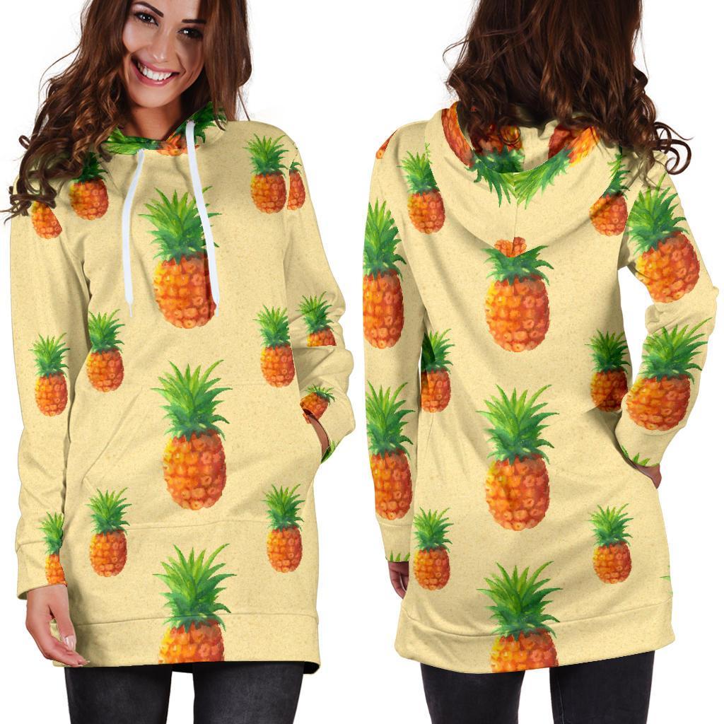 Beige Watercolor Pineapple Pattern Print Hoodie Dress GearFrost