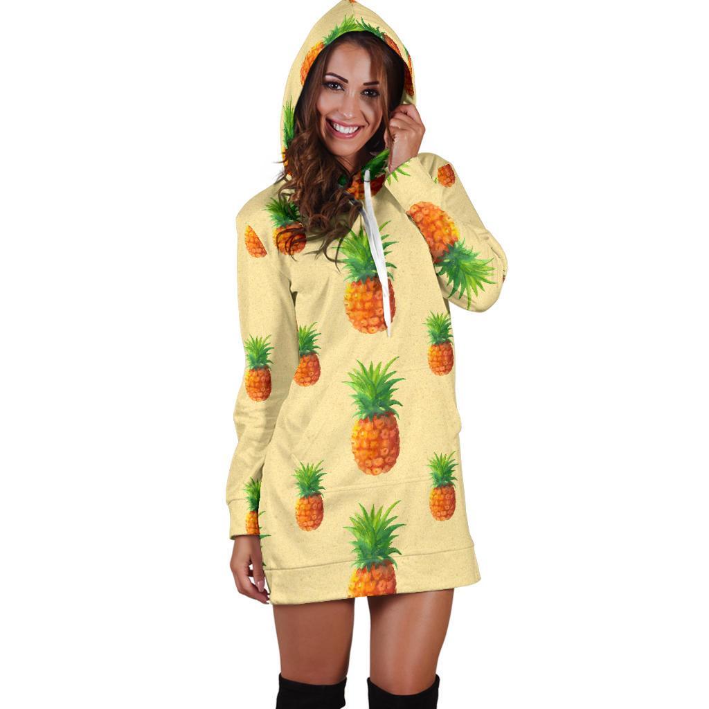 Beige Watercolor Pineapple Pattern Print Hoodie Dress GearFrost
