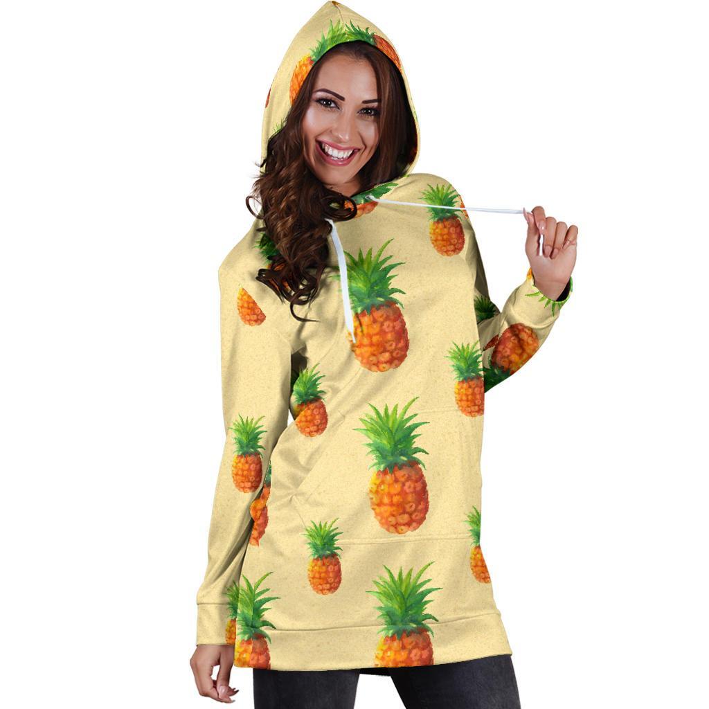 Beige Watercolor Pineapple Pattern Print Hoodie Dress GearFrost
