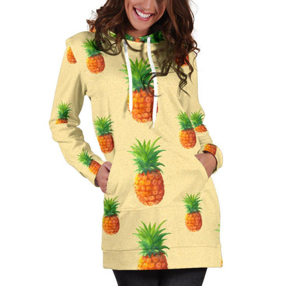 Beige Watercolor Pineapple Pattern Print Hoodie Dress GearFrost