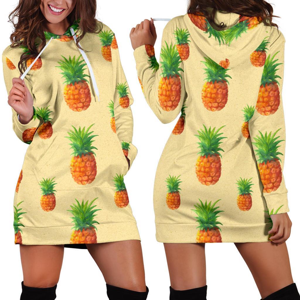 Beige Watercolor Pineapple Pattern Print Hoodie Dress GearFrost