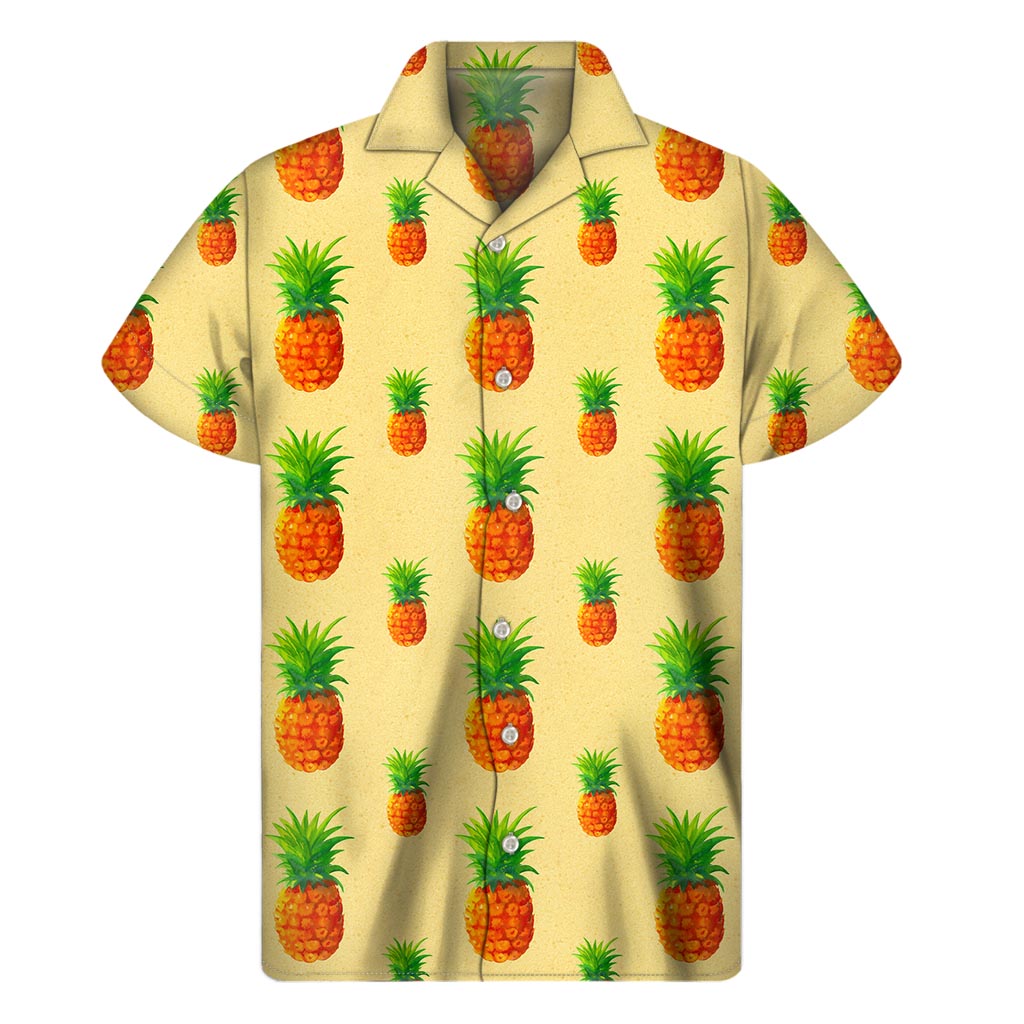 Beige Watercolor Pineapple Pattern Print Men's Short Sleeve Shirt
