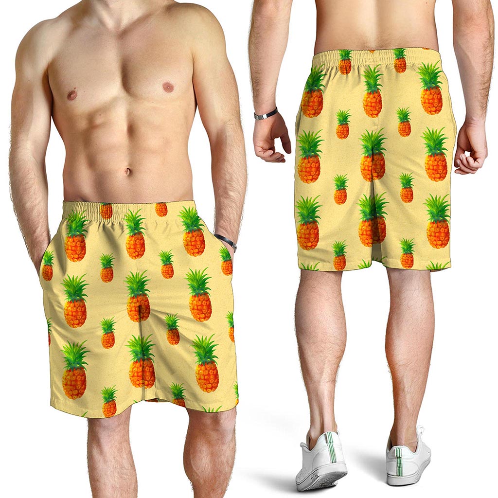 Beige Watercolor Pineapple Pattern Print Men's Shorts