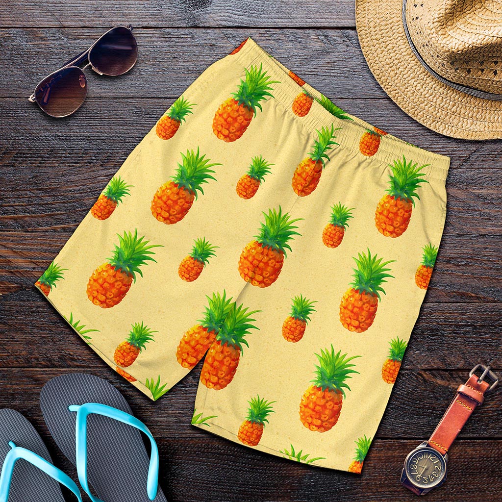 Beige Watercolor Pineapple Pattern Print Men's Shorts