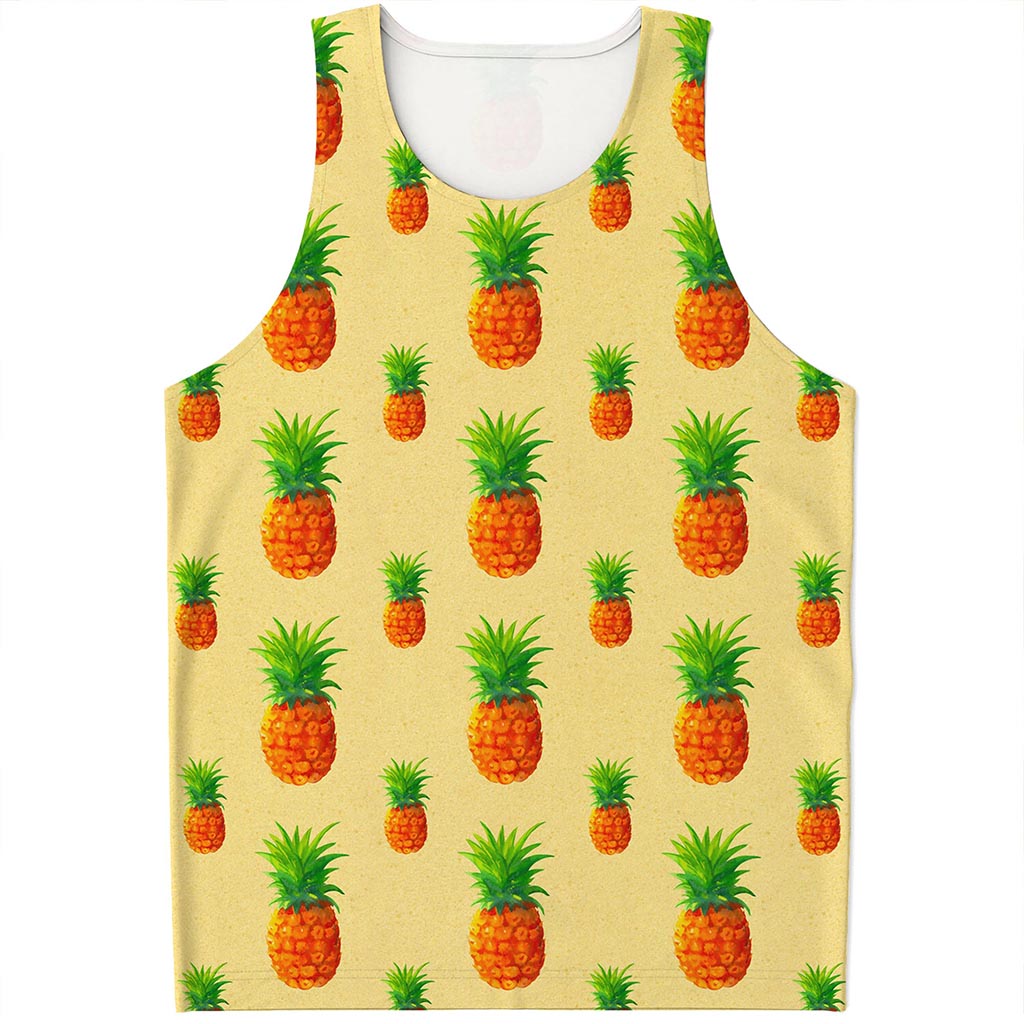 Beige Watercolor Pineapple Pattern Print Men's Tank Top