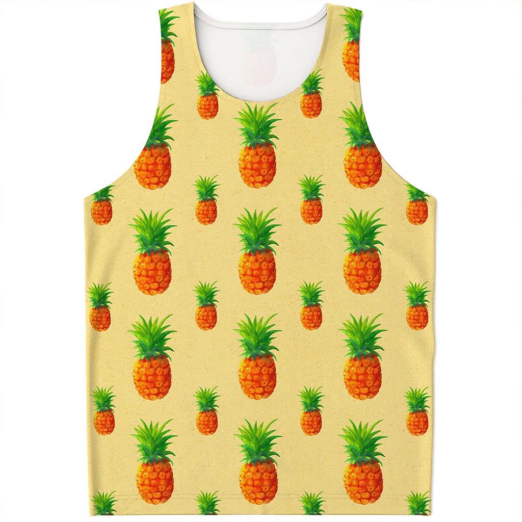 Beige Watercolor Pineapple Pattern Print Men's Tank Top