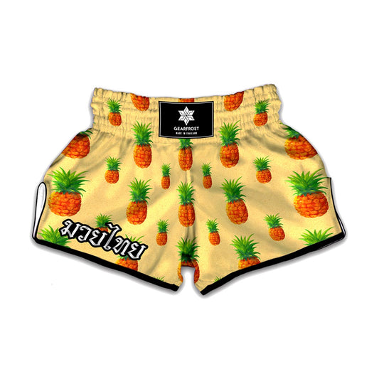 Beige Watercolor Pineapple Pattern Print Muay Thai Boxing Shorts