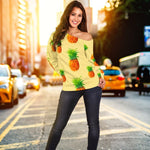 Beige Watercolor Pineapple Pattern Print Off Shoulder Sweatshirt GearFrost