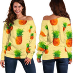 Beige Watercolor Pineapple Pattern Print Off Shoulder Sweatshirt GearFrost