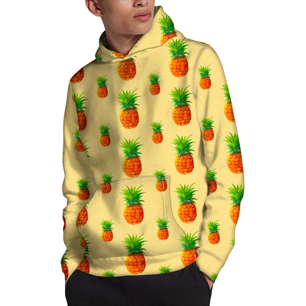 Beige Watercolor Pineapple Pattern Print Pullover Hoodie