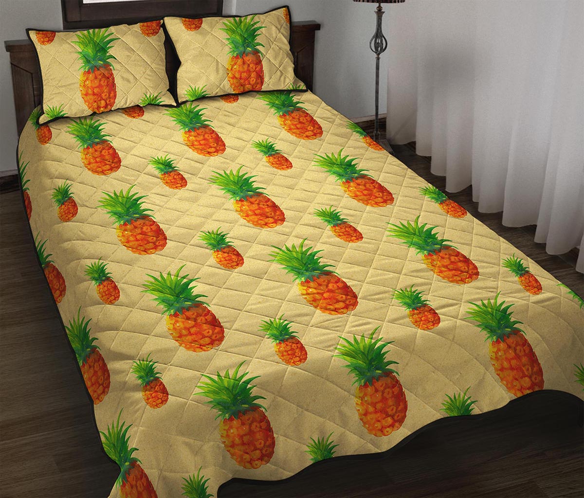Beige Watercolor Pineapple Pattern Print Quilt Bed Set