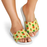 Beige Watercolor Pineapple Pattern Print White Slide Sandals