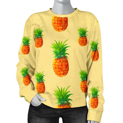 Beige Watercolor Pineapple Pattern Print Women's Crewneck Sweatshirt GearFrost