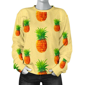 Beige Watercolor Pineapple Pattern Print Women's Crewneck Sweatshirt GearFrost