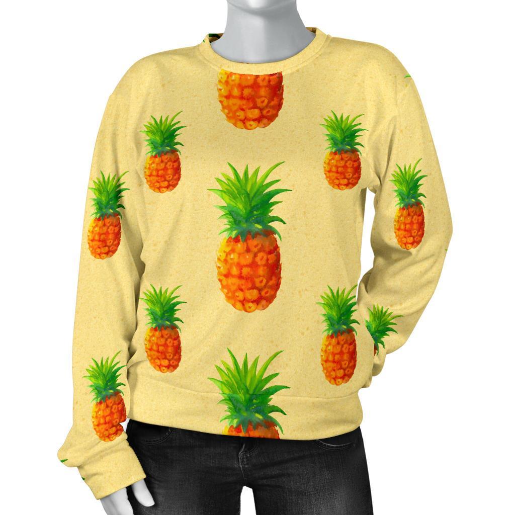 Beige Watercolor Pineapple Pattern Print Women's Crewneck Sweatshirt GearFrost