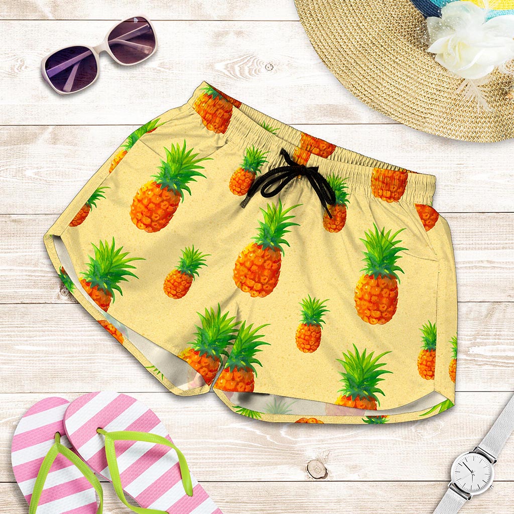 Beige Watercolor Pineapple Pattern Print Women's Shorts