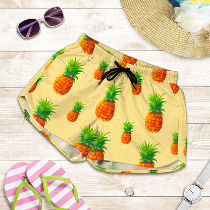 Beige Watercolor Pineapple Pattern Print Women's Shorts