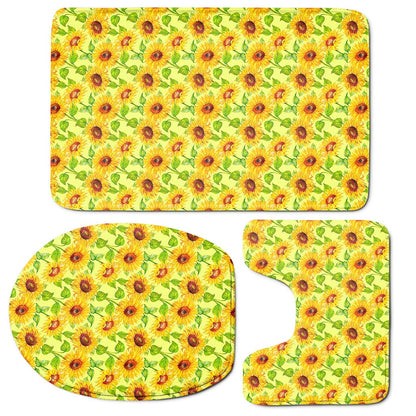 Beige Watercolor Sunflower Pattern Print 3 Piece Bath Mat Set