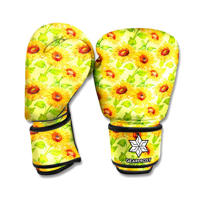 Beige Watercolor Sunflower Pattern Print Boxing Gloves