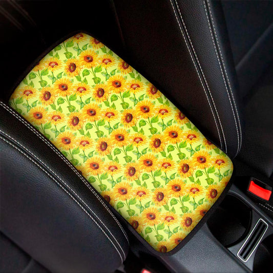 Beige Watercolor Sunflower Pattern Print Car Center Console Cover