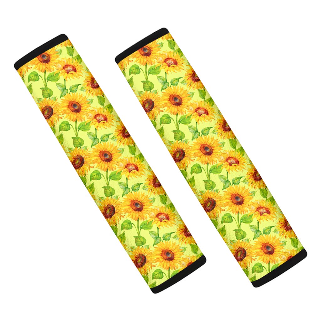 Beige Watercolor Sunflower Pattern Print Car Seat Belt Covers