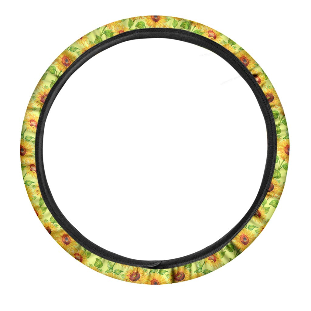 Beige Watercolor Sunflower Pattern Print Car Steering Wheel Cover
