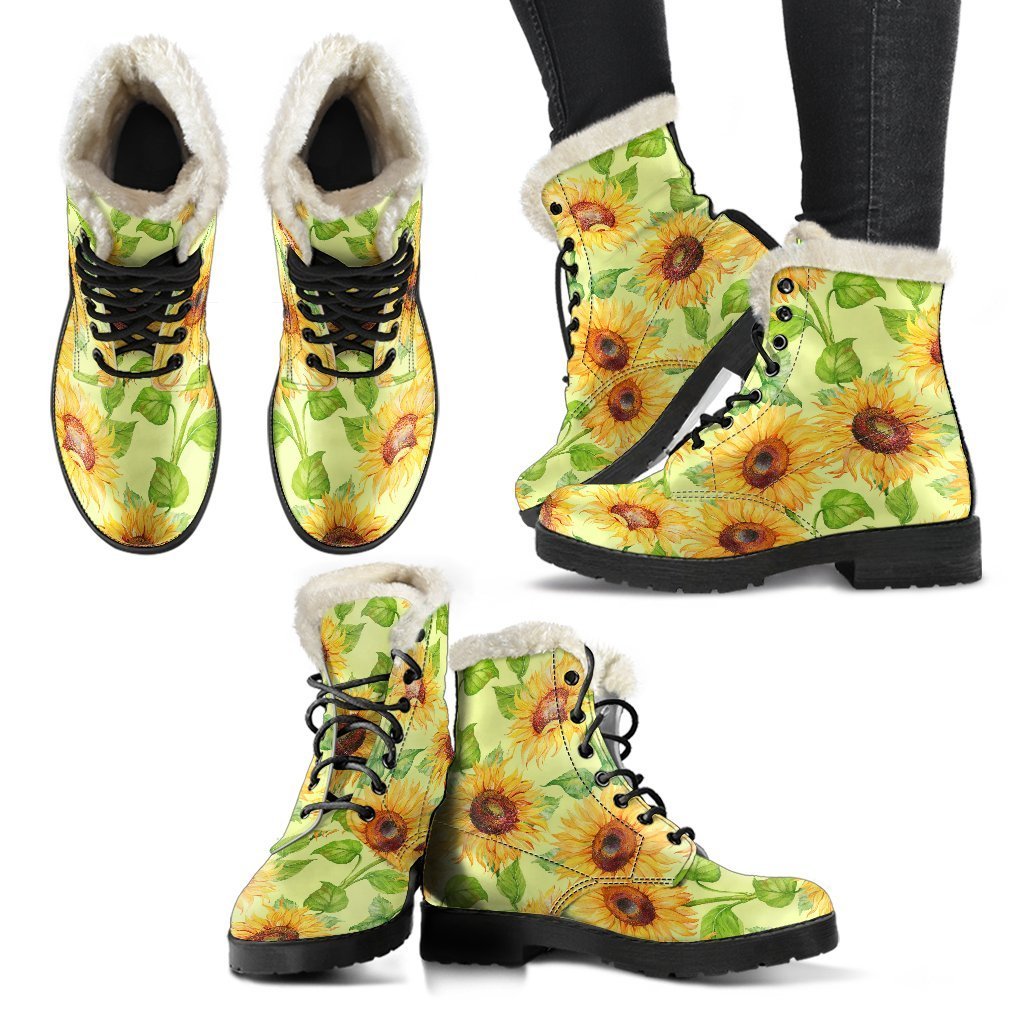 Beige Watercolor Sunflower Pattern Print Comfy Boots GearFrost