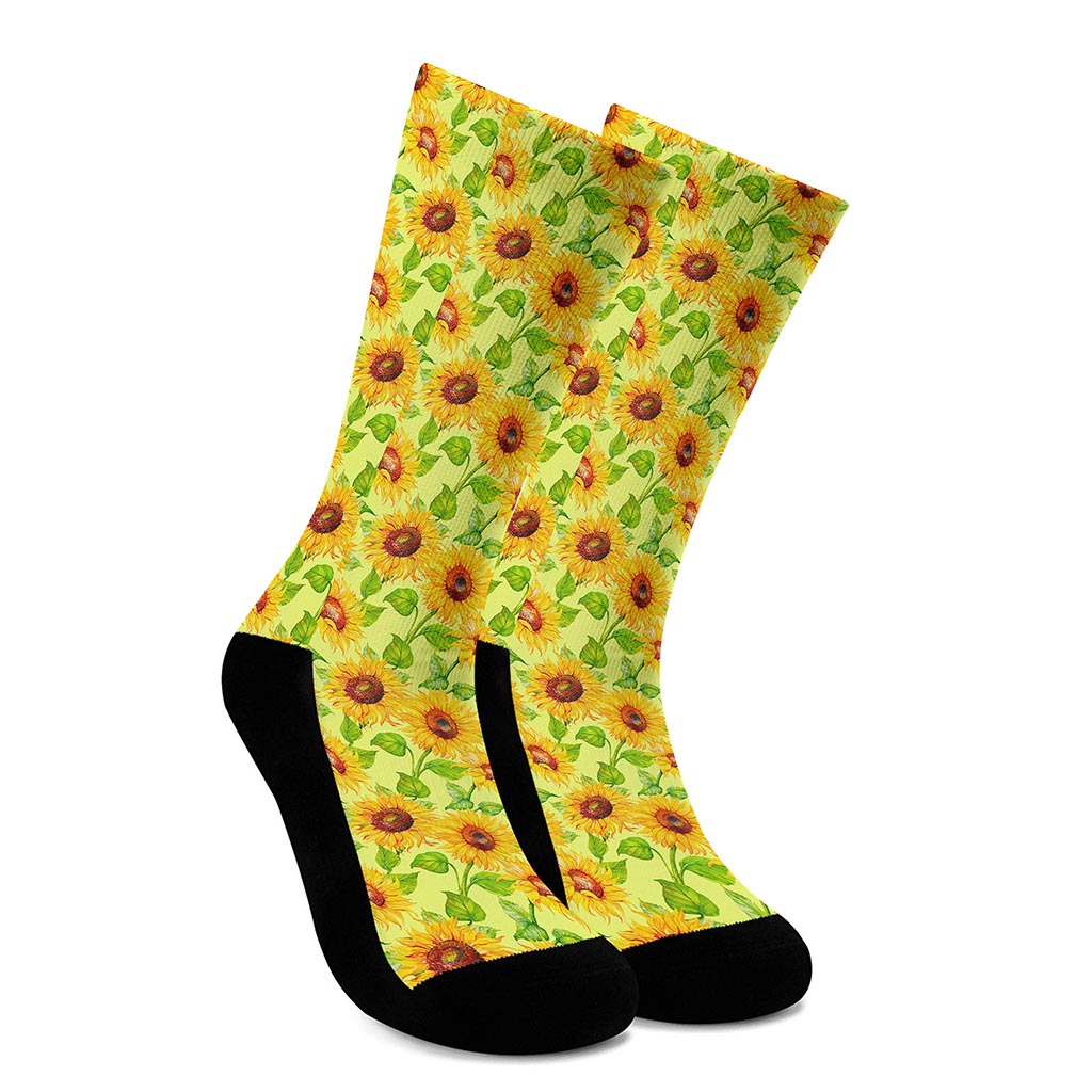Beige Watercolor Sunflower Pattern Print Crew Socks