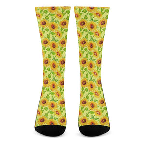 Beige Watercolor Sunflower Pattern Print Crew Socks