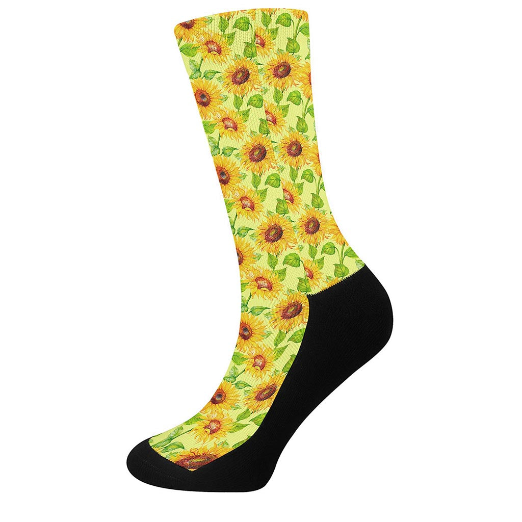 Beige Watercolor Sunflower Pattern Print Crew Socks