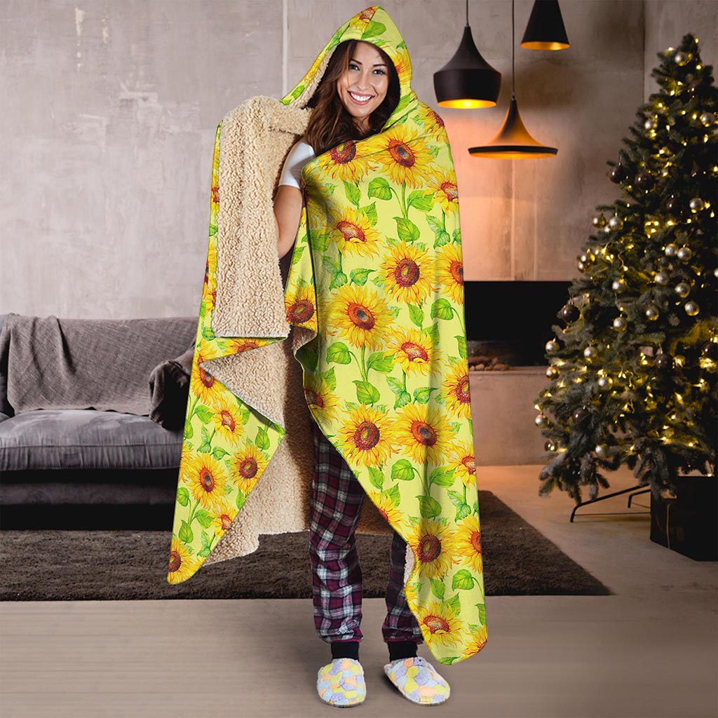 Beige Watercolor Sunflower Pattern Print Hooded Blanket