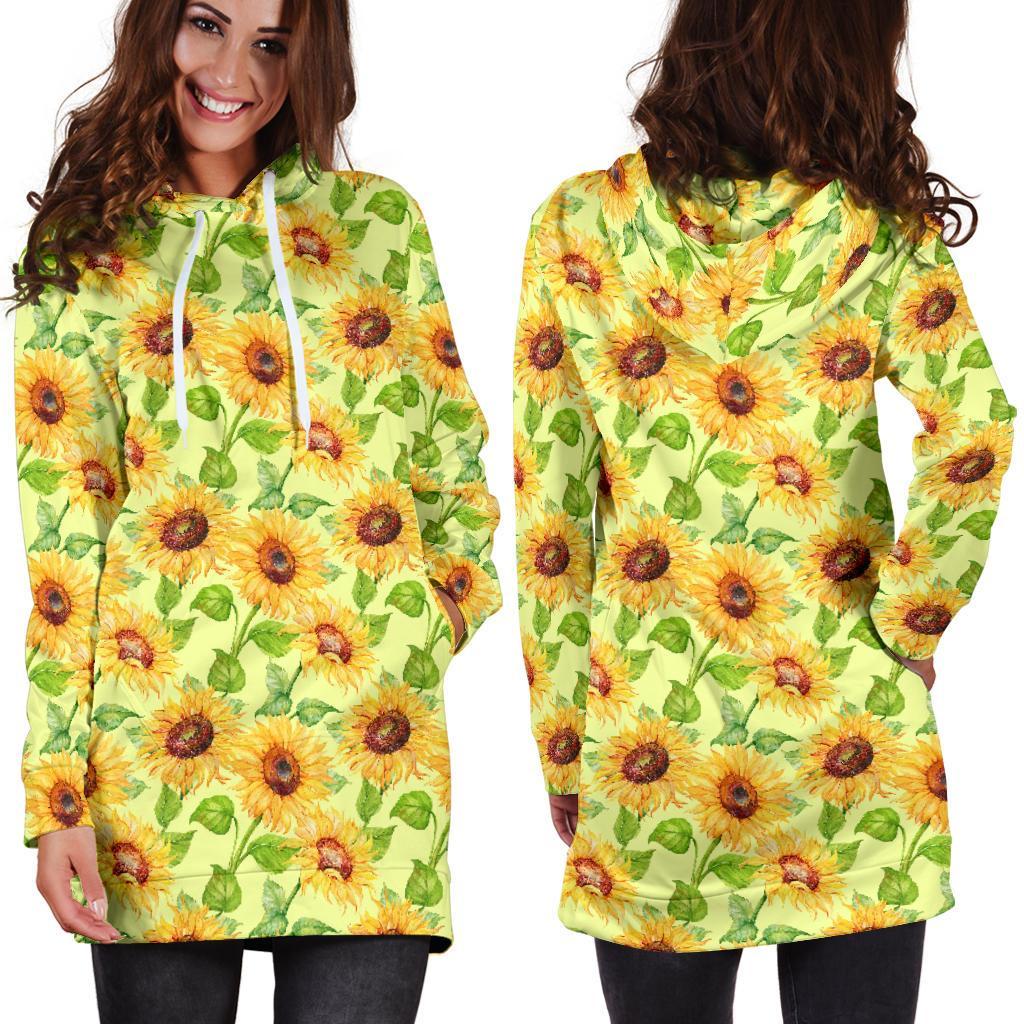 Beige Watercolor Sunflower Pattern Print Hoodie Dress GearFrost