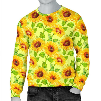 Beige Watercolor Sunflower Pattern Print Men's Crewneck Sweatshirt GearFrost