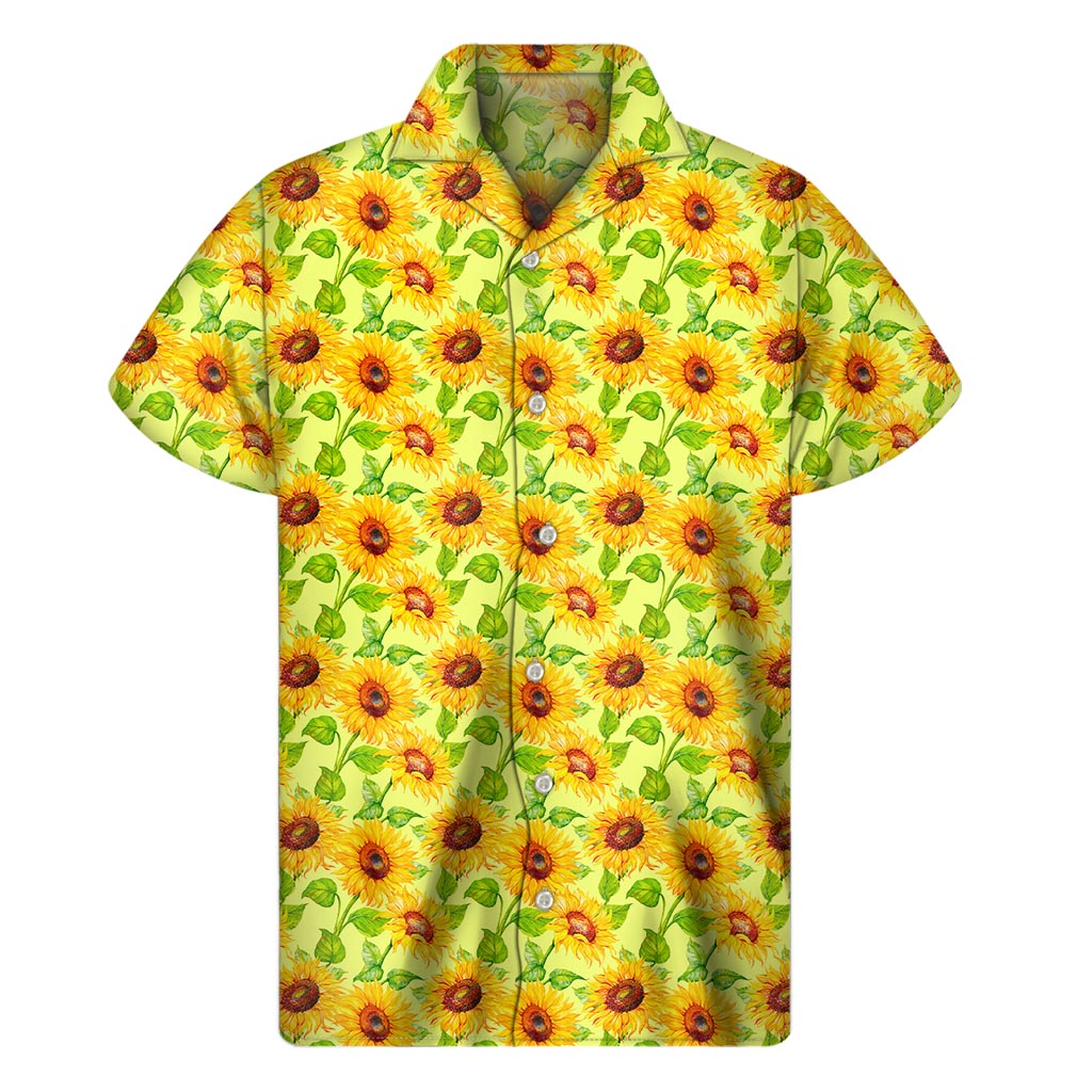 Beige Watercolor Sunflower Pattern Print Men's Short Sleeve Shirt