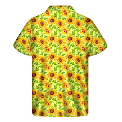 Beige Watercolor Sunflower Pattern Print Men's Short Sleeve Shirt