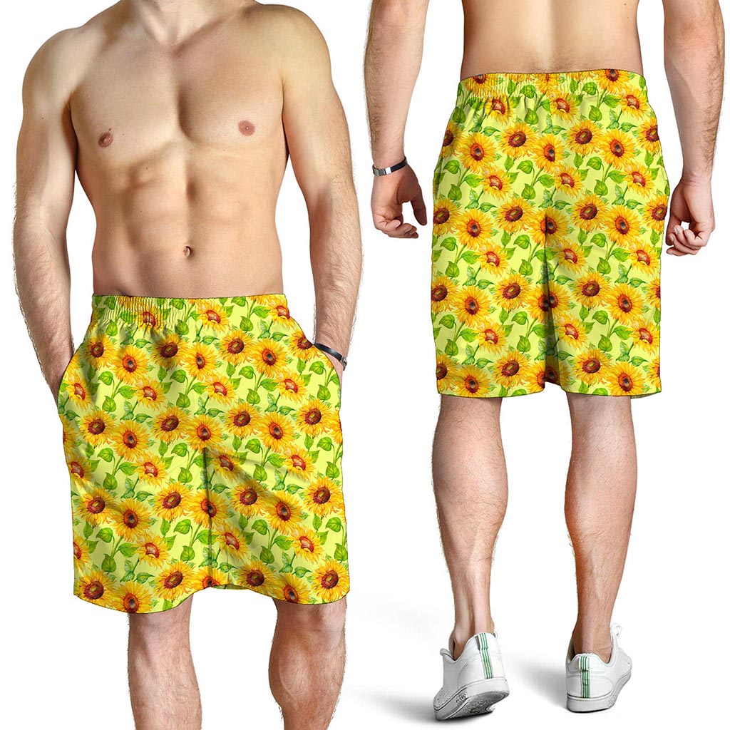 Beige Watercolor Sunflower Pattern Print Men's Shorts