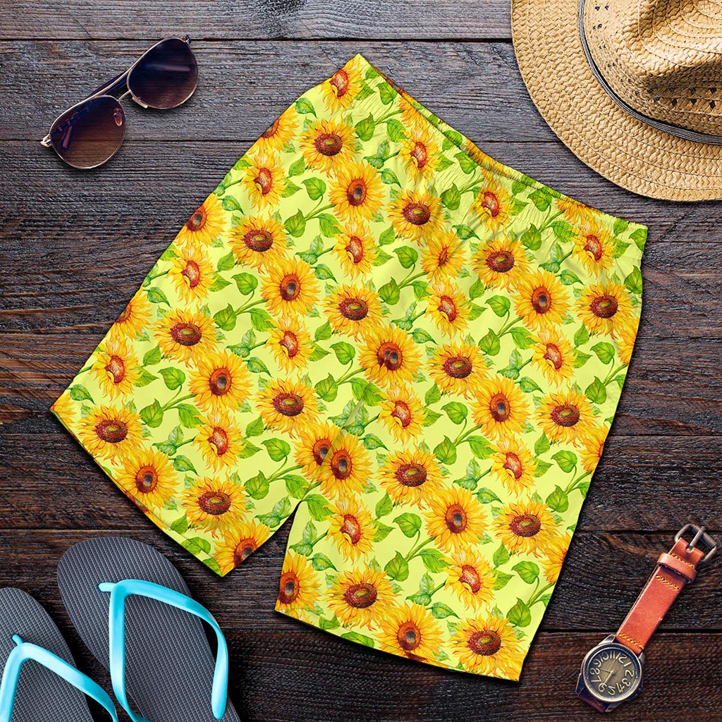 Beige Watercolor Sunflower Pattern Print Men's Shorts