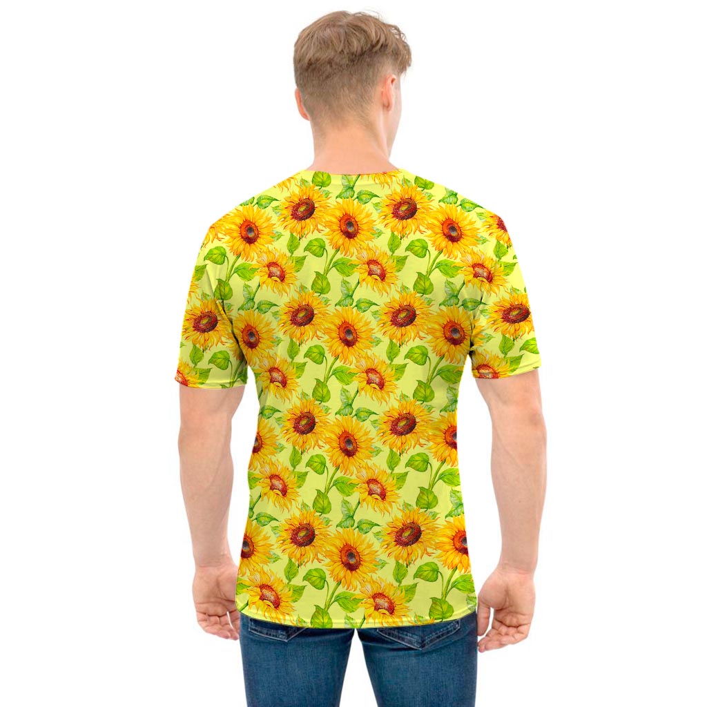Beige Watercolor Sunflower Pattern Print Men's T-Shirt