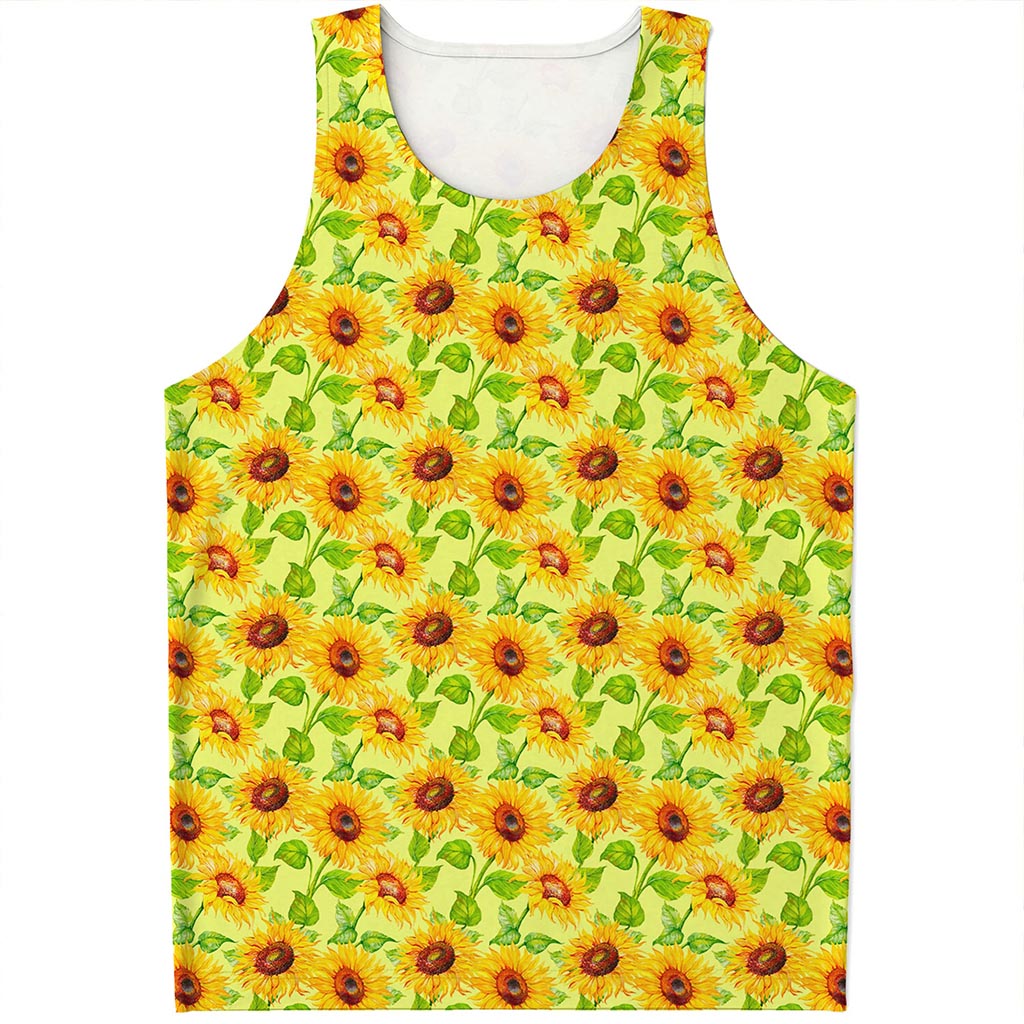Beige Watercolor Sunflower Pattern Print Men's Tank Top