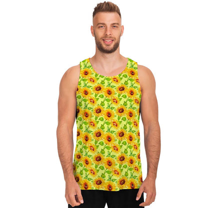 Beige Watercolor Sunflower Pattern Print Men's Tank Top