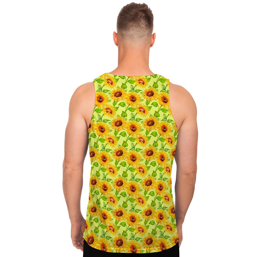 Beige Watercolor Sunflower Pattern Print Men's Tank Top