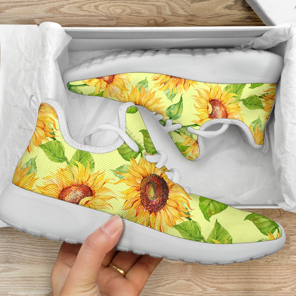 Beige Watercolor Sunflower Pattern Print Mesh Knit Shoes GearFrost