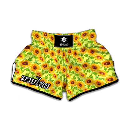 Beige Watercolor Sunflower Pattern Print Muay Thai Boxing Shorts