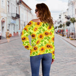 Beige Watercolor Sunflower Pattern Print Off Shoulder Sweatshirt GearFrost