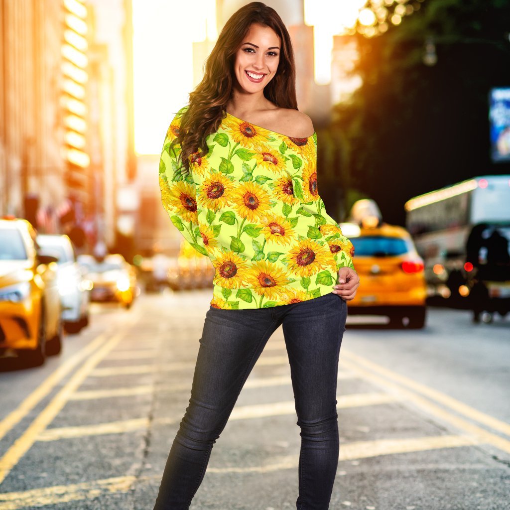 Beige Watercolor Sunflower Pattern Print Off Shoulder Sweatshirt GearFrost