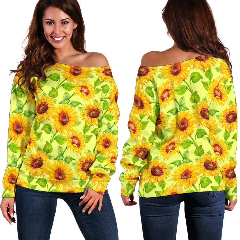 Beige Watercolor Sunflower Pattern Print Off Shoulder Sweatshirt GearFrost