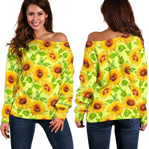 Beige Watercolor Sunflower Pattern Print Off Shoulder Sweatshirt GearFrost