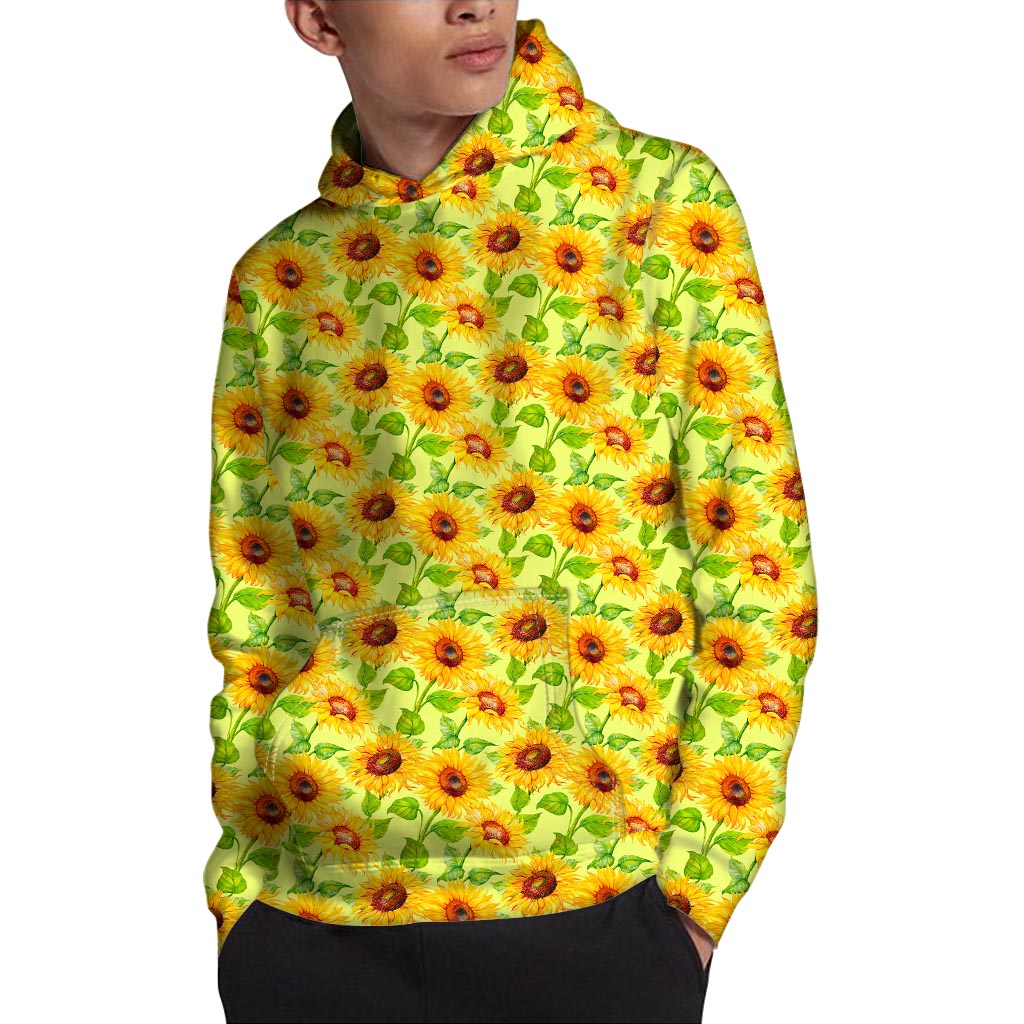 Beige Watercolor Sunflower Pattern Print Pullover Hoodie