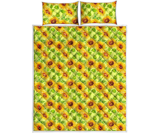 Beige Watercolor Sunflower Pattern Print Quilt Bed Set